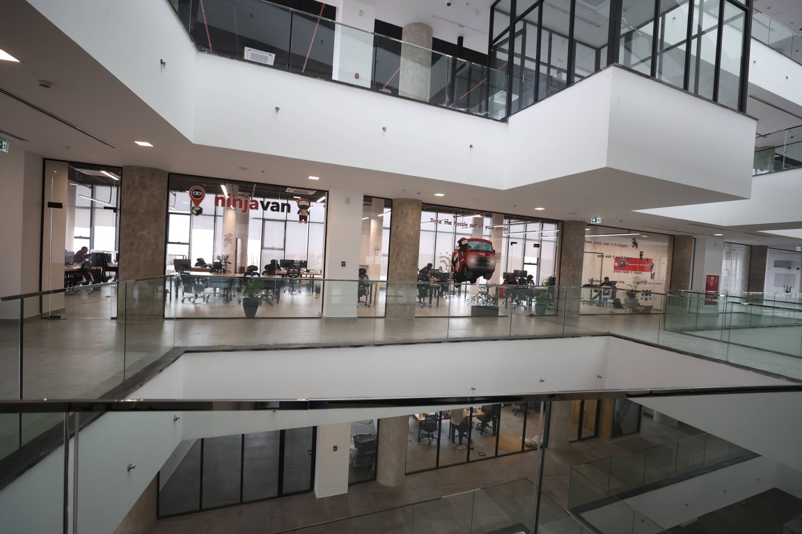The atrium and the walkways around it, seen from an upper floor