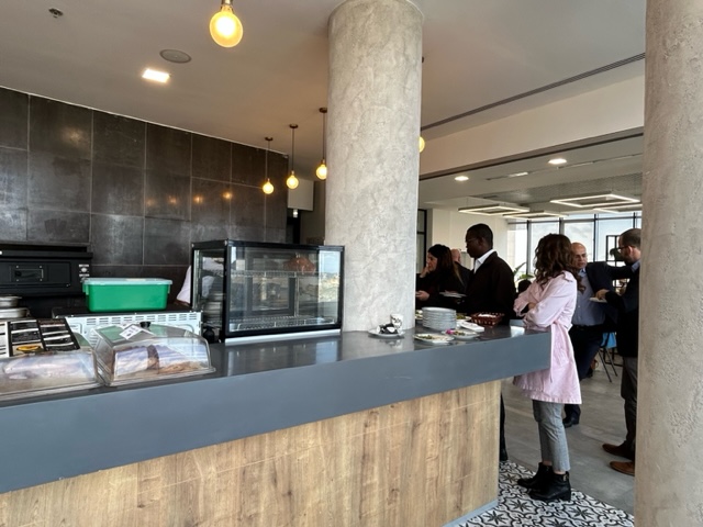 The cafe counter, with the kitchen behind it