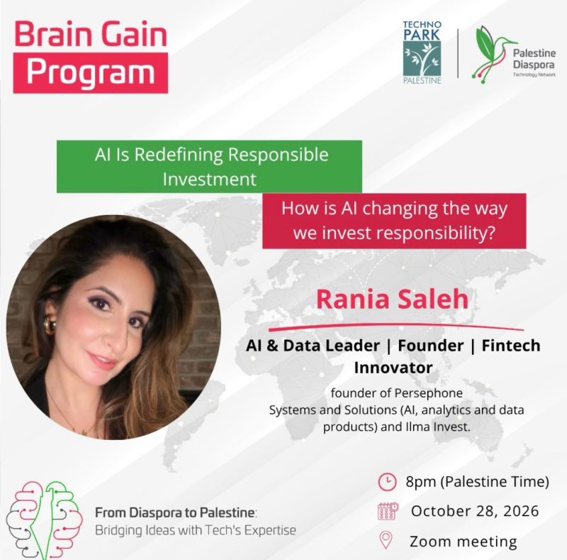 Brain Gain session graphic: AI Is Redefining Responsible Investment, Ms. Rania Saleh, 28 October 2026